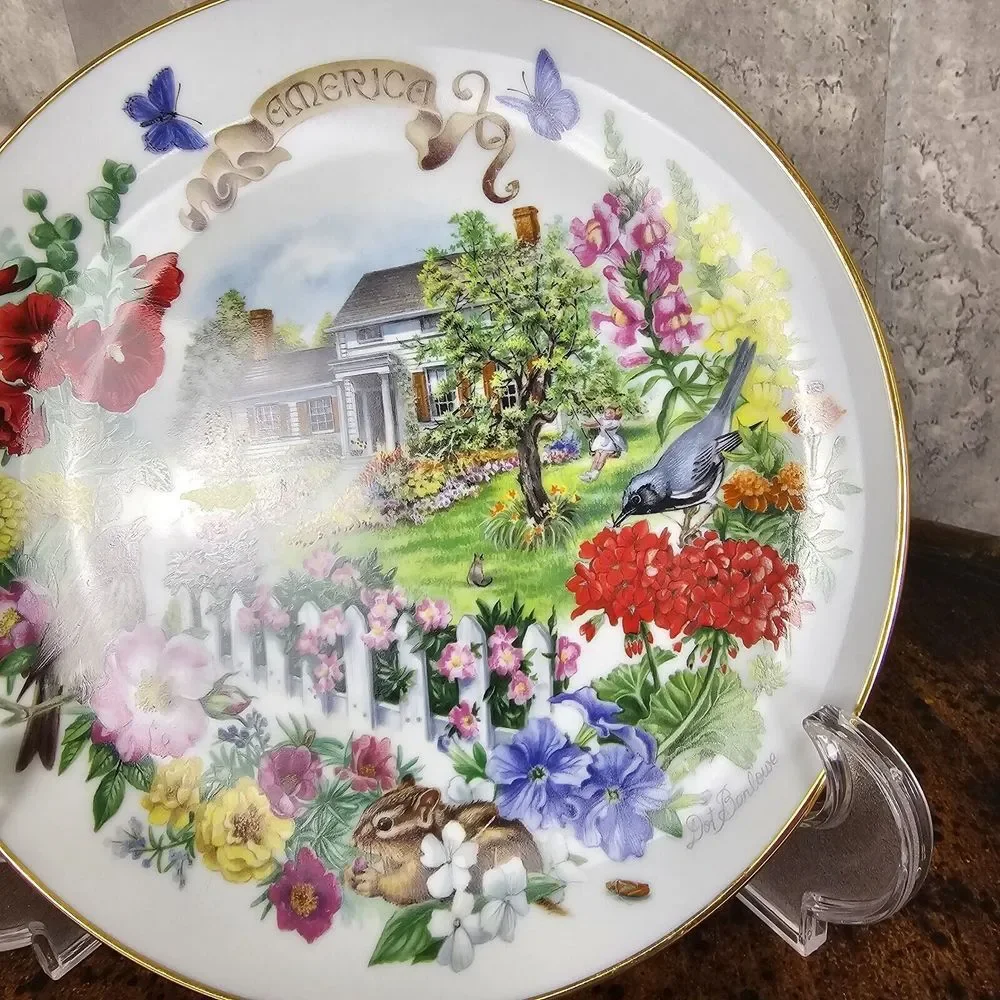 Vtg RECO Gardens of‎ Beauty Collectors Plate Dot Barlowe American LE Floral Bird